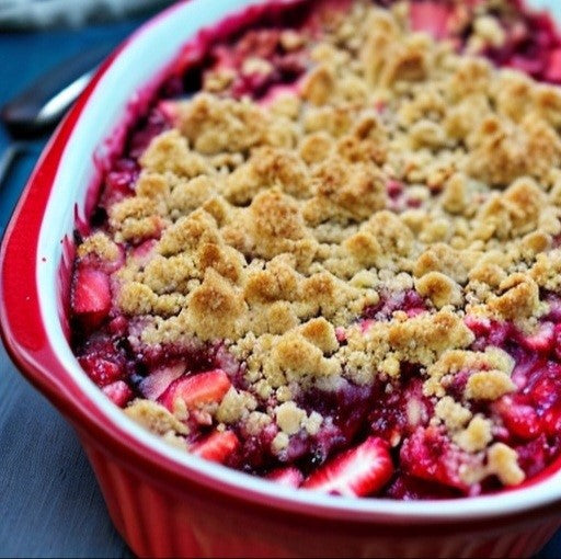 Erdbeer-Rhabarber-Crumble mit einer knusprigen Haferstreuselkruste