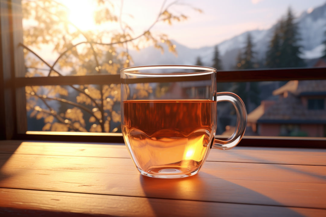 Ein Teeglas mit heißem, dampfenden Tee vor einer winterlichen Kulisse