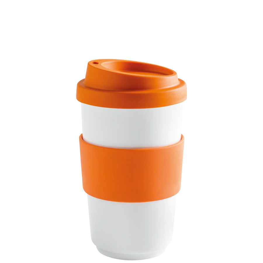 Kaffee Becher Porzellan Bunt mit Gummi Griff und Deckel orange