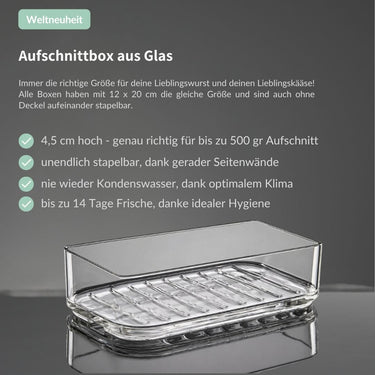 SmacoGlas Aufschnittbox aus Glas, Größe M, perfekt für frischen Käse am Stück oder 500 Gramm Aufschnitt