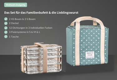 SmacoGlas® All-inclusive Set XS/S/M - stapelbare Aufschnittbox inkl. Tasche aus Glas mit 25 % Rabatt