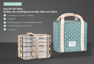 SmacoGlas® All-inclusive Set M - stapelbare Aufschnittbox inkl. Tasche aus Glas mit 25 % Rabatt