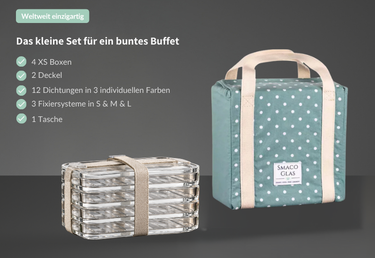 SmacoGlas® All-inclusive Set XS - stapelbare Aufschnittbox inkl. Tasche aus Glas mit 25 % Rabatt