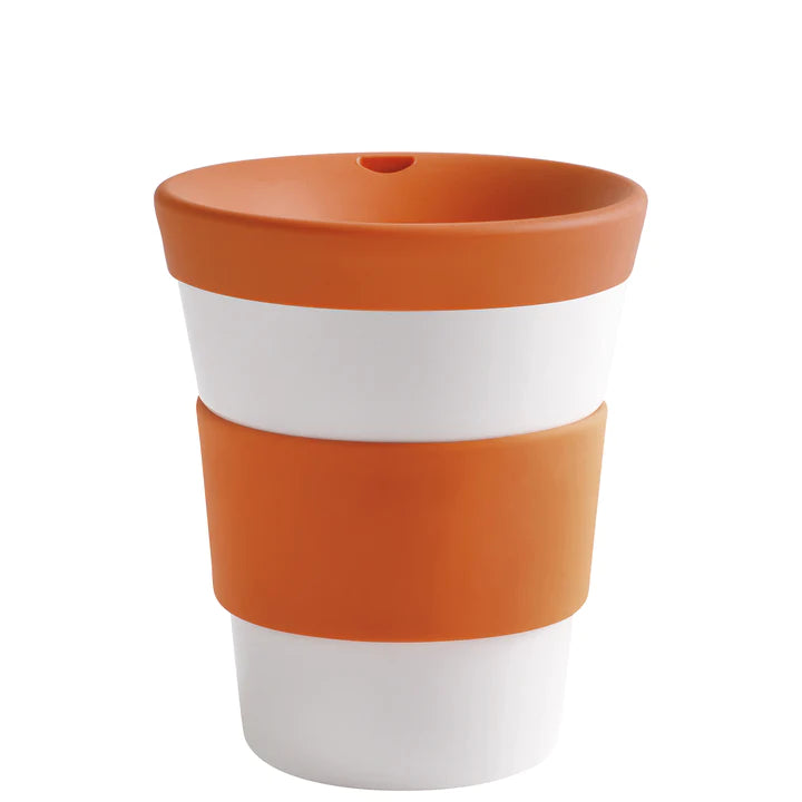 Cupit Kaffee Becher Porzellan Bunt mit Gummi Griff und Deckel Orange