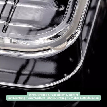 Detailaufnahme der SmacoGlas Silikondichtung an der Aufschnittbox – passgenauer Verschluss für maximale Frische und aromadichte Aufbewahrung