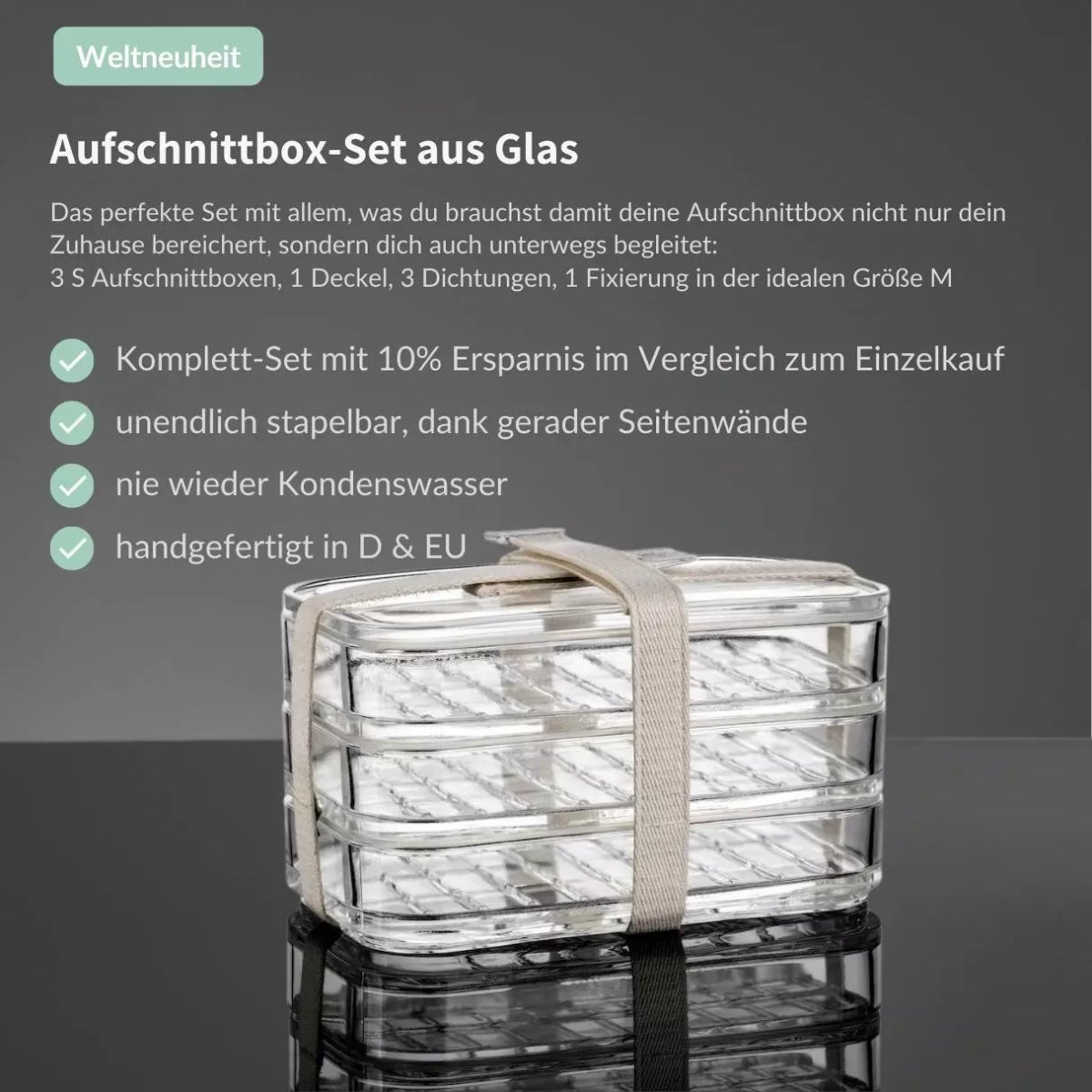 SmacoGlas® stapelbare Aufschnittbox aus Glas 2er/3er/4er-Set mit Deckel aus Glas, Dichtungen & Fixiersystem