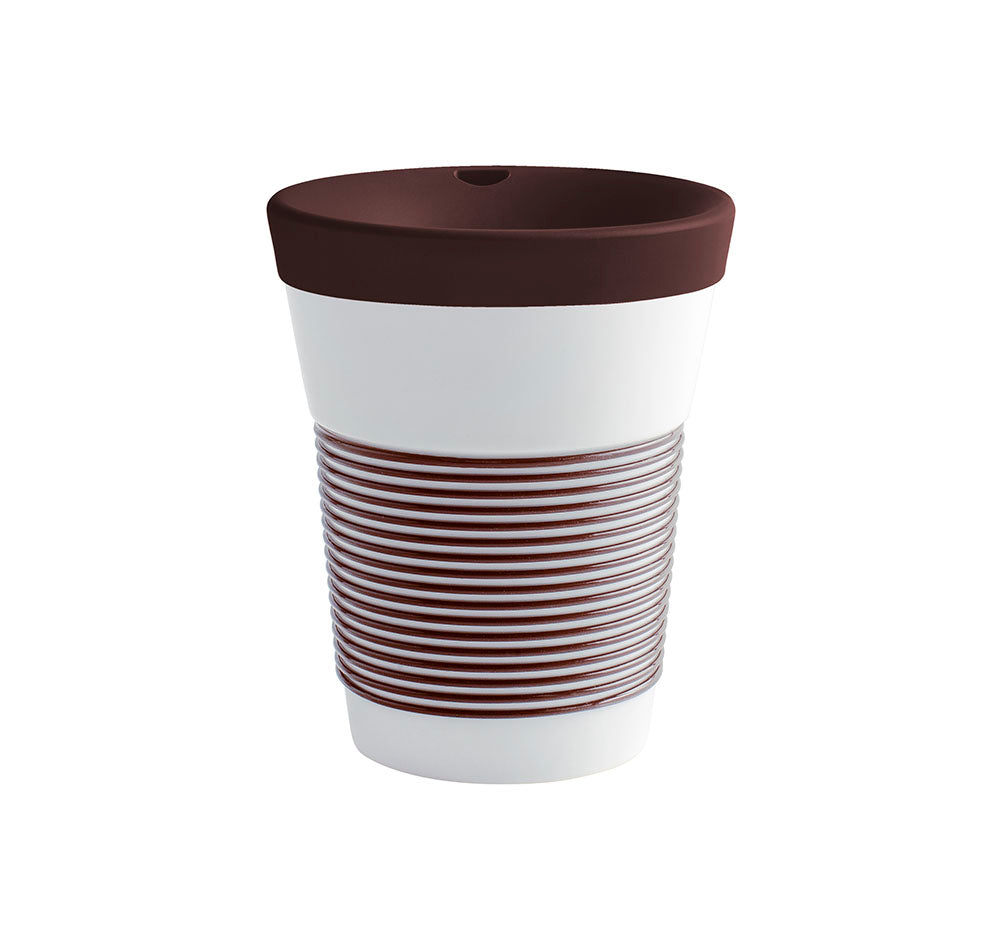 Cupit Kaffee Becher Porzellan Bunt mit Gummi Griff und Decke Dunkel braun streifen