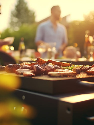 SmacoGlas BBQ-Action – lebendige Grillszene mit frischen Zutaten, ideal für gemeinsames Genießen und nachhaltiges Servieren im Freien
