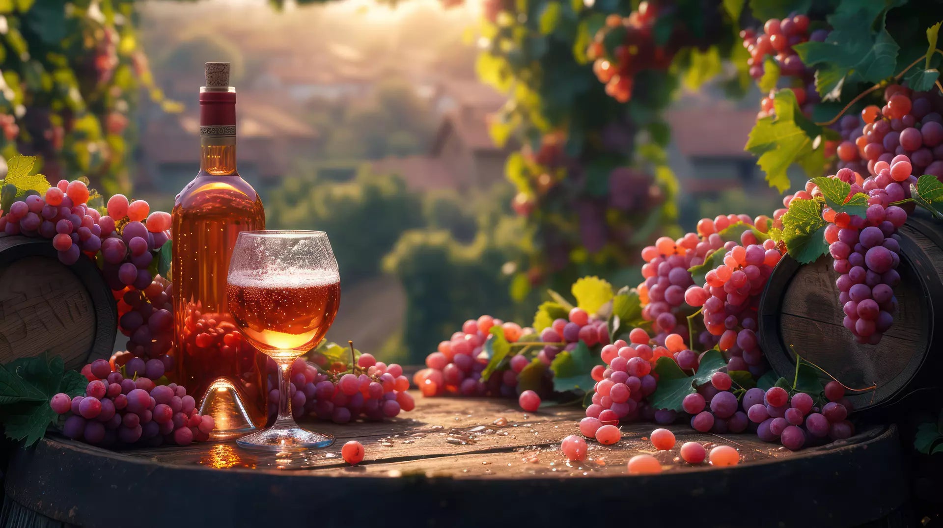 leichter Roséwein auf einem Weingut im der Abendsonne im Spätsommer